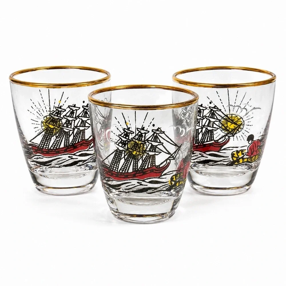 VTG Libbey Treasure Island Gold Rim Shot Glasses Pirate Ship MCM Barware Set/3